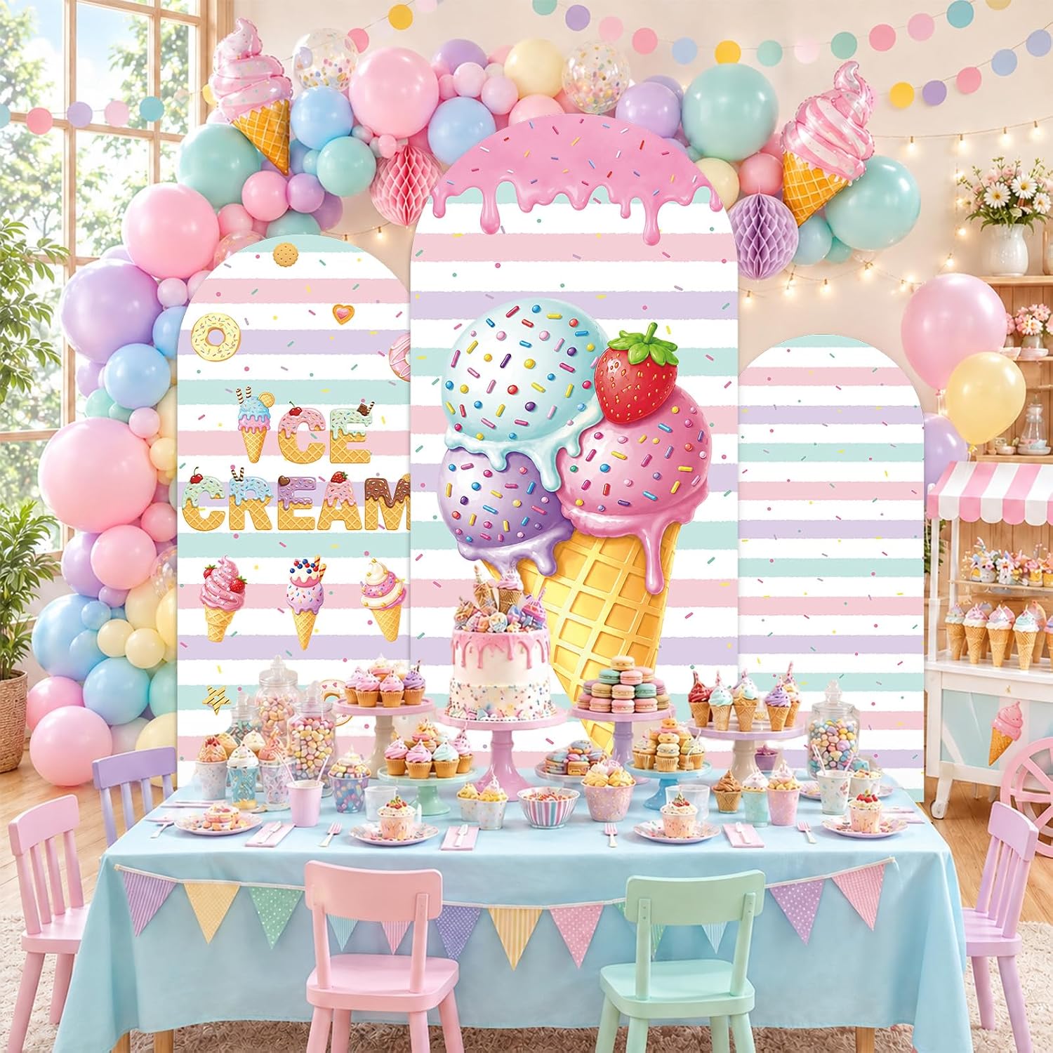 Dessert Table Backdrop - Custom 2-sided Striped Ice Cream Arch